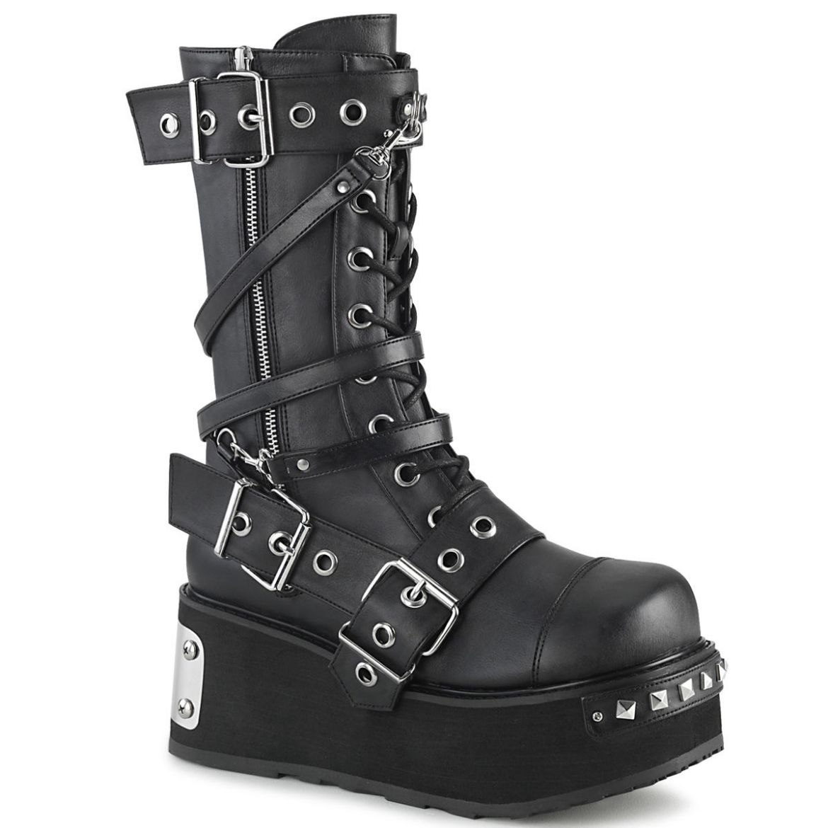Image of Demonia TRASHVILLE-250 Blk Vegan Leather 3 1/4 Inch PF Mid-Calf Boot w/ Wrap Around Straps Outside Zip