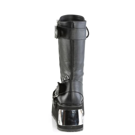 Image of Demonia TRASHVILLE-250 Blk Vegan Leather 3 1/4 Inch PF Mid-Calf Boot w/ Wrap Around Straps Outside Zip