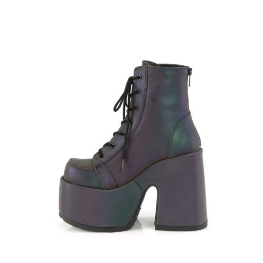 Image of Demonia CAMEL-203 Green Multi Reflective 3 1/2 Inch Chunky Heel 2 1/4 Inch PF Lace-Up Ankle BT Side Zip