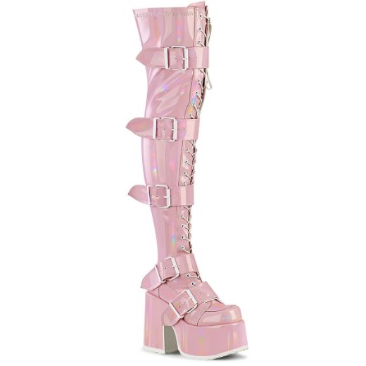 Image of Demonia CAMEL-305 B. Pink Stretch Hologram 5 Inch Chunky Heel 3 Inch PF Thigh-High Lace-Up Boot Inside Zip