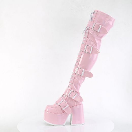 Image of Demonia CAMEL-305 B. Pink Stretch Hologram 5 Inch Chunky Heel 3 Inch PF Thigh-High Lace-Up Boot Inside Zip