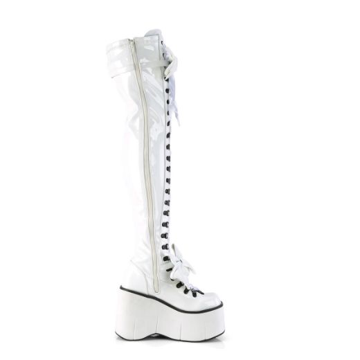 Image of Demonia KERA-303 Wht Stretch Patent 4 1/2 Inch Wedge PF Lace-Up Stretch Thigh Boot Side Zip
