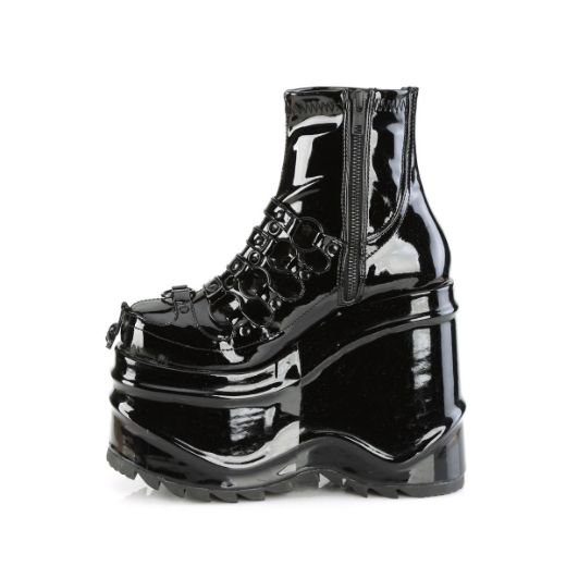 Image of Demonia WAVE-110 Blk Pat 6 Inch Wedge PF Stretch Ankle Boot Inside Zip