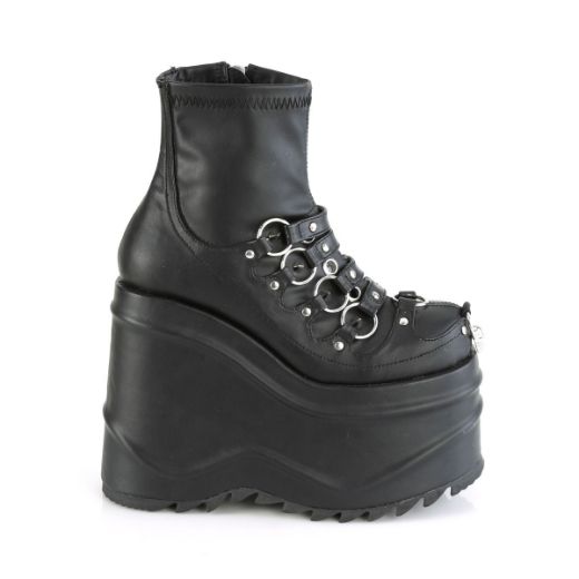 Image of Demonia WAVE-110 Blk Stretch Vegan Leather 6 Inch Wedge PF Stretch Ankle Boot Inside Zip