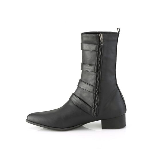 Image of Demonia WARLOCK-110-B Blk Vegan Leather 1 1/2 Inch Block Heel Pointed Toe Mid-Calf Boot Side Zip