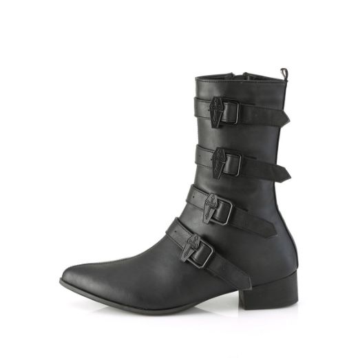 Image of Demonia WARLOCK-110-C Blk Vegan Leather 1 1/2 Inch Block Heel Pointed Toe Mid-Calf Boot Side Zip