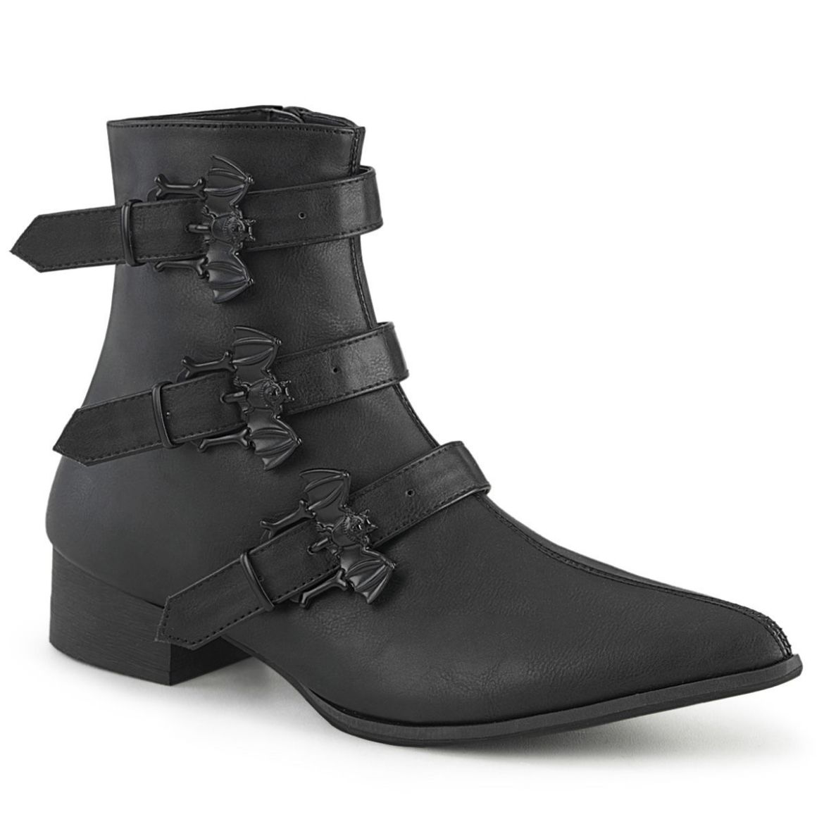 Image of Demonia WARLOCK-50-B Blk Vegan Leather 1 1/2 Inch Block Heel Pointed Toe Ankle Boot Side Zip