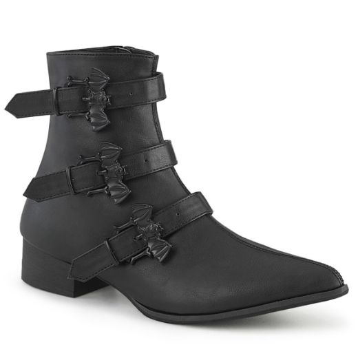 Image of Demonia WARLOCK-50-B Blk Vegan Leather 1 1/2 Inch Block Heel Pointed Toe Ankle Boot Side Zip