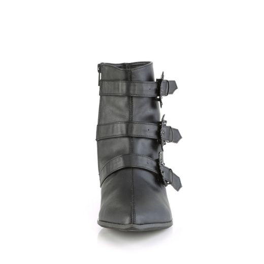 Image of Demonia WARLOCK-50-B Blk Vegan Leather 1 1/2 Inch Block Heel Pointed Toe Ankle Boot Side Zip