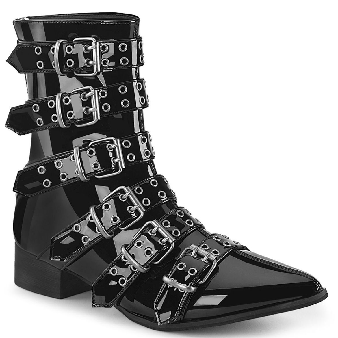 Image of Demonia WARLOCK-70 Blk Pat 1 1/2 Inch Block Heel Pointed Toe Calf High Boot Back Zip