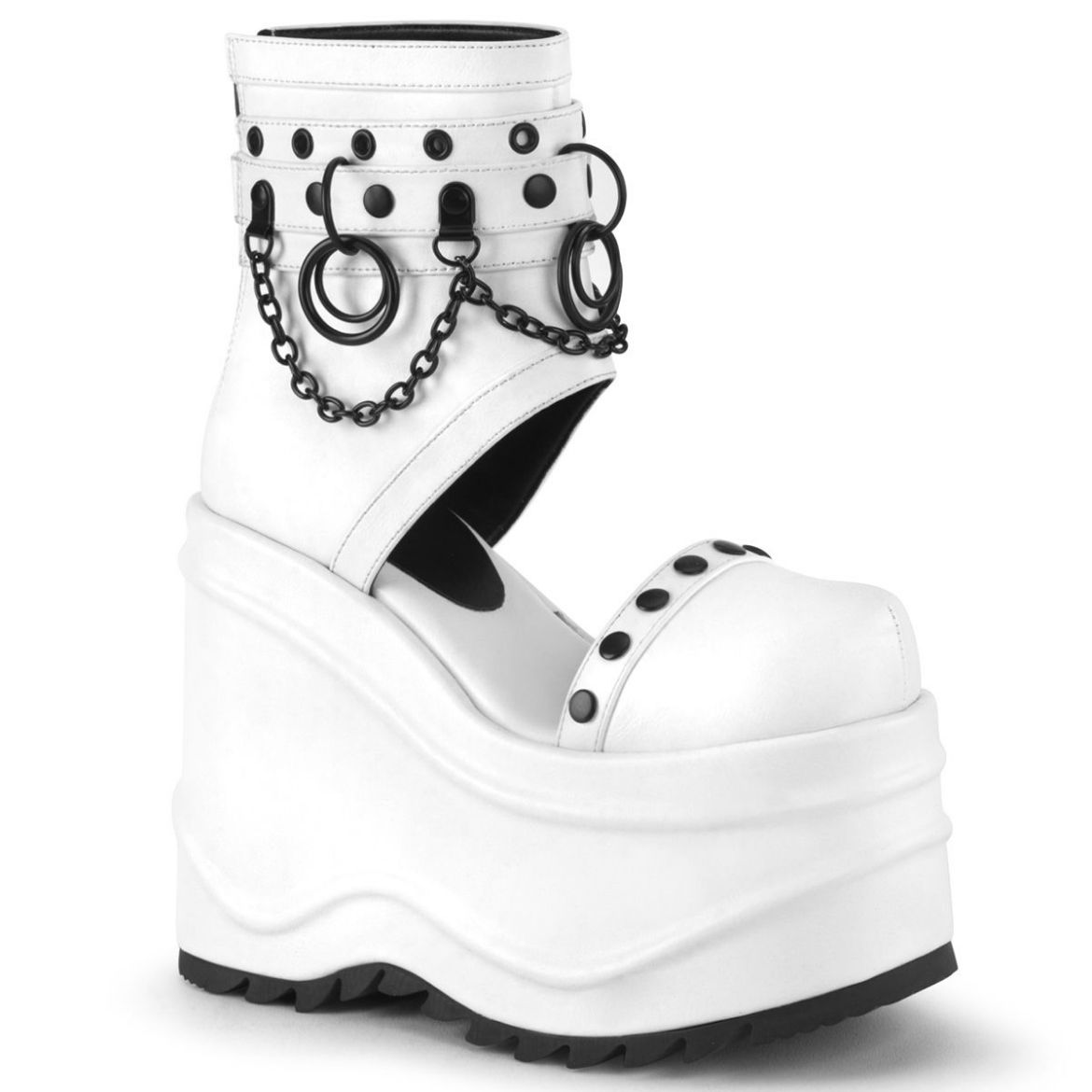 Image of Demonia WAVE-22 Wht Vegan Leather 6 Inch Wedge PF Bootie Sandal Back Zip