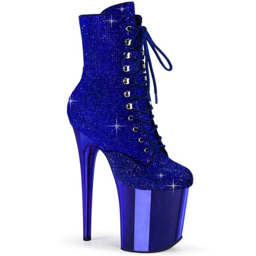 Image of Pleaser FLAMINGO-1020CHRS Royal Blue RS/Royal Blue Chrome 8 Inch Heel  4 Inch PF Lace-Up RS Embellished Ankle Boot Side Zip