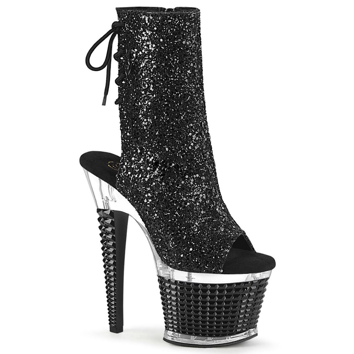 Image of Pleaser SPECTATOR-1018G Blk Glitter/Clr-Blk 7 Inch Heel 3 Inch Textured PF Open Toe/Heel Ankle Boot Side Zip