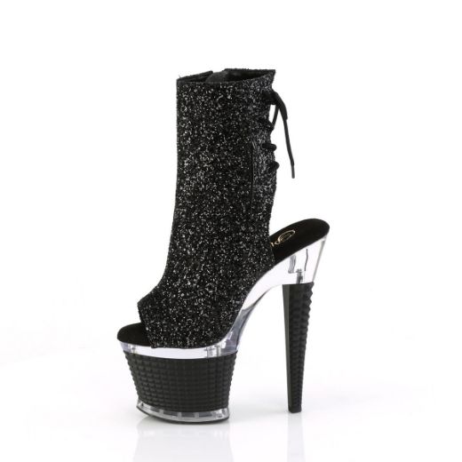 Image of Pleaser SPECTATOR-1018G Blk Glitter/Clr-Blk 7 Inch Heel 3 Inch Textured PF Open Toe/Heel Ankle Boot Side Zip