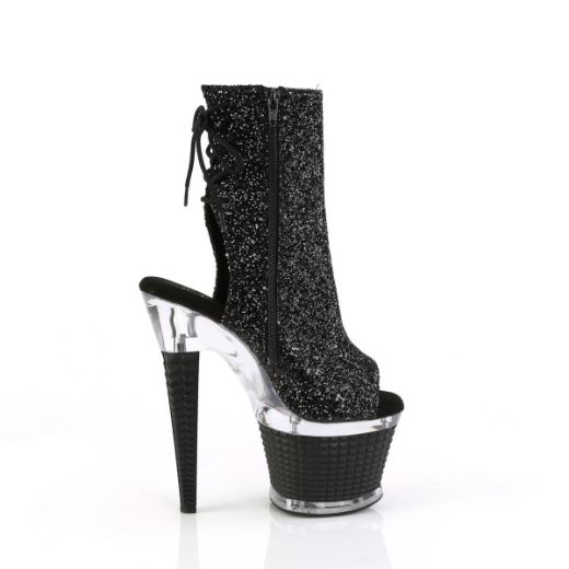 Image of Pleaser SPECTATOR-1018G Blk Glitter/Clr-Blk 7 Inch Heel 3 Inch Textured PF Open Toe/Heel Ankle Boot Side Zip