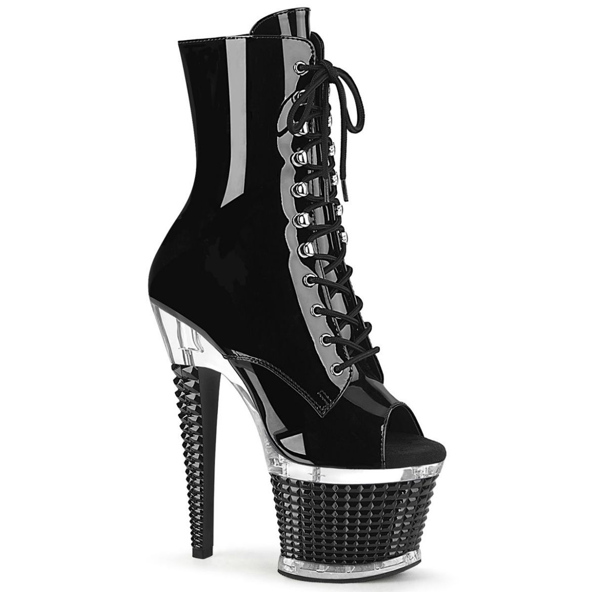 Image of Pleaser SPECTATOR-1021 Blk Pat/Clr-Blk 7 Inch Heel 3 Inch Textured PF Peep Toe Ankle Boot Side Zip