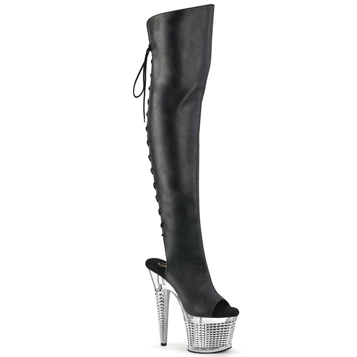 Image of Pleaser SPECTATOR-3019 Blk Faxur Leather/Clr-Slv Chrome 7 Inch Heel 3 Inch Textured PF Over-The-Knee Boot Side Zip