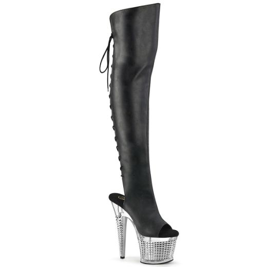 Image of Pleaser SPECTATOR-3019 Blk Faxur Leather/Clr-Slv Chrome 7 Inch Heel 3 Inch Textured PF Over-The-Knee Boot Side Zip