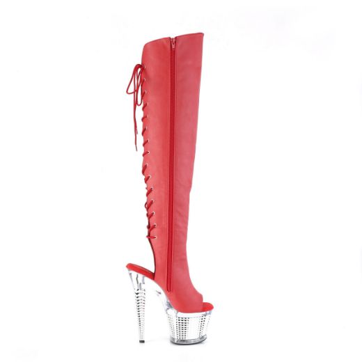 Image of Pleaser SPECTATOR-3019 Red Faux Leather/Clr-Slv Chrome 7 Inch Heel 3 Inch Textured PF Over-The-Knee Boot Side Zip