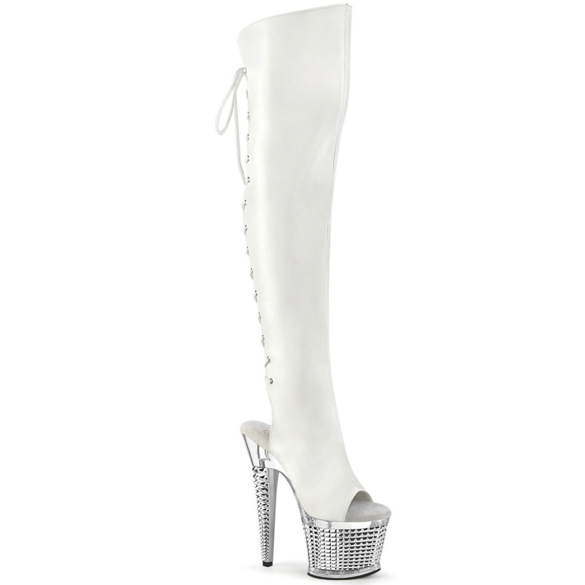 Image of Pleaser SPECTATOR-3019 Wht Faux Leather/Clr-Slv Chrome 7 Inch Heel 3 Inch Textured PF Over-The-Knee Boot Side Zip