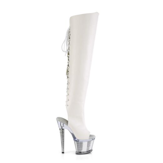 Image of Pleaser SPECTATOR-3019 Wht Faux Leather/Clr-Slv Chrome 7 Inch Heel 3 Inch Textured PF Over-The-Knee Boot Side Zip