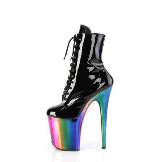 Image of Pleaser FLAMINGO-1020RC Blk Pat/Rainbow Chrome 8 Inch Heel 4 Inch Chromed PF Lace-Up Ankle Boot Side Zip