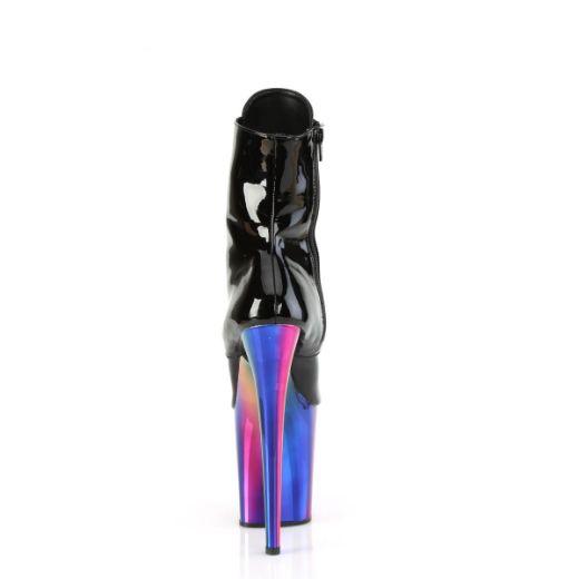 Image of Pleaser FLAMINGO-1020RC Blk Pat/Rainbow Chrome 8 Inch Heel 4 Inch Chromed PF Lace-Up Ankle Boot Side Zip