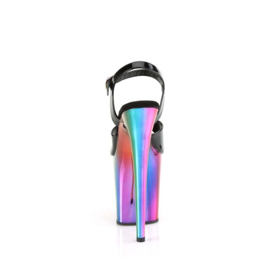 Image of Pleaser FLAMINGO-809RC Blk Pat/Rainbow Chrome 8 Inch Heel 4 Inch Chrome Plated PF Ankle Strap Sandal