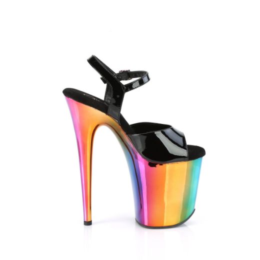 Image of Pleaser FLAMINGO-809RC Blk Pat/Rainbow Chrome 8 Inch Heel 4 Inch Chrome Plated PF Ankle Strap Sandal