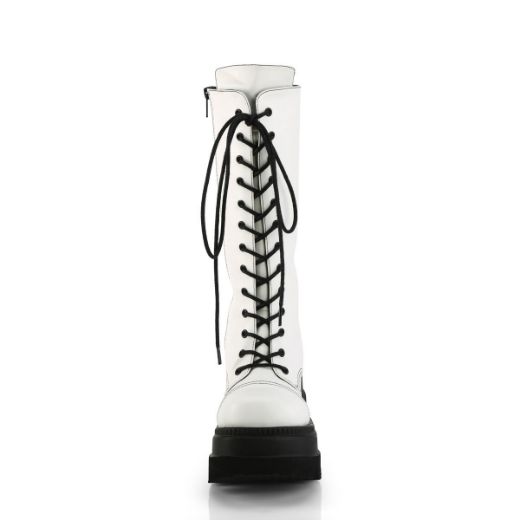 Image of Demonia SHAKER-72 Wht Vegan Leather 4 1/2 Inch Wedge PF Lace-Up Mid-Calf Boot Side Zip