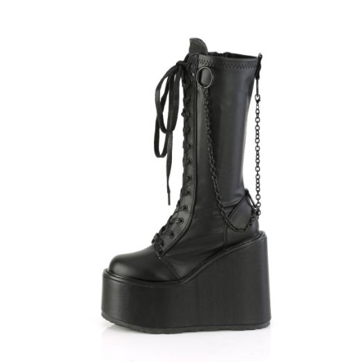 Image of Demonia SWING-150 Blk Stretch Vegan Leather 5 1/2 Inch PF Lace-Up Knee High Boot Side Zip