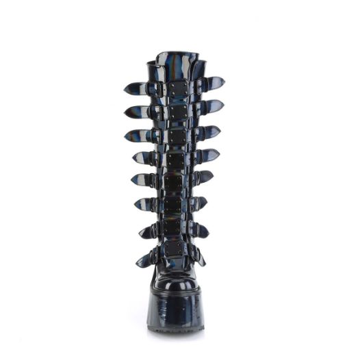 Image of Demonia SWING-815 Blk Holographic Pat 5 1/2 Inch PF Knee High Boot w/ 8 Buckle Straps Back Metal Zip