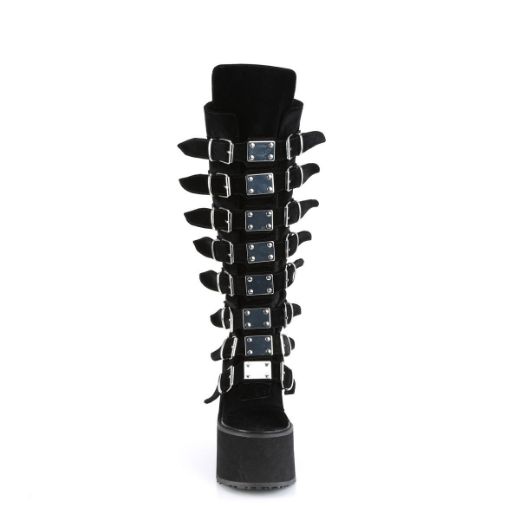 Image of Demonia SWING-815 Blk Velvet 5 1/2 Inch PF Knee High Boot w/ 8 Buckle Straps Back Metal Zip