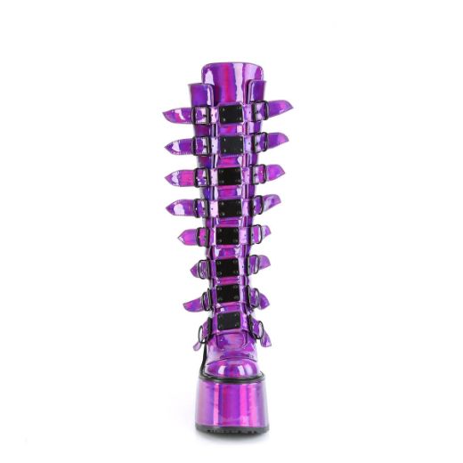 Image of Demonia SWING-815 Purple Holographic Pat 5 1/2 Inch PF Knee High Boot w/ 8 Buckle Straps Back Metal Zip