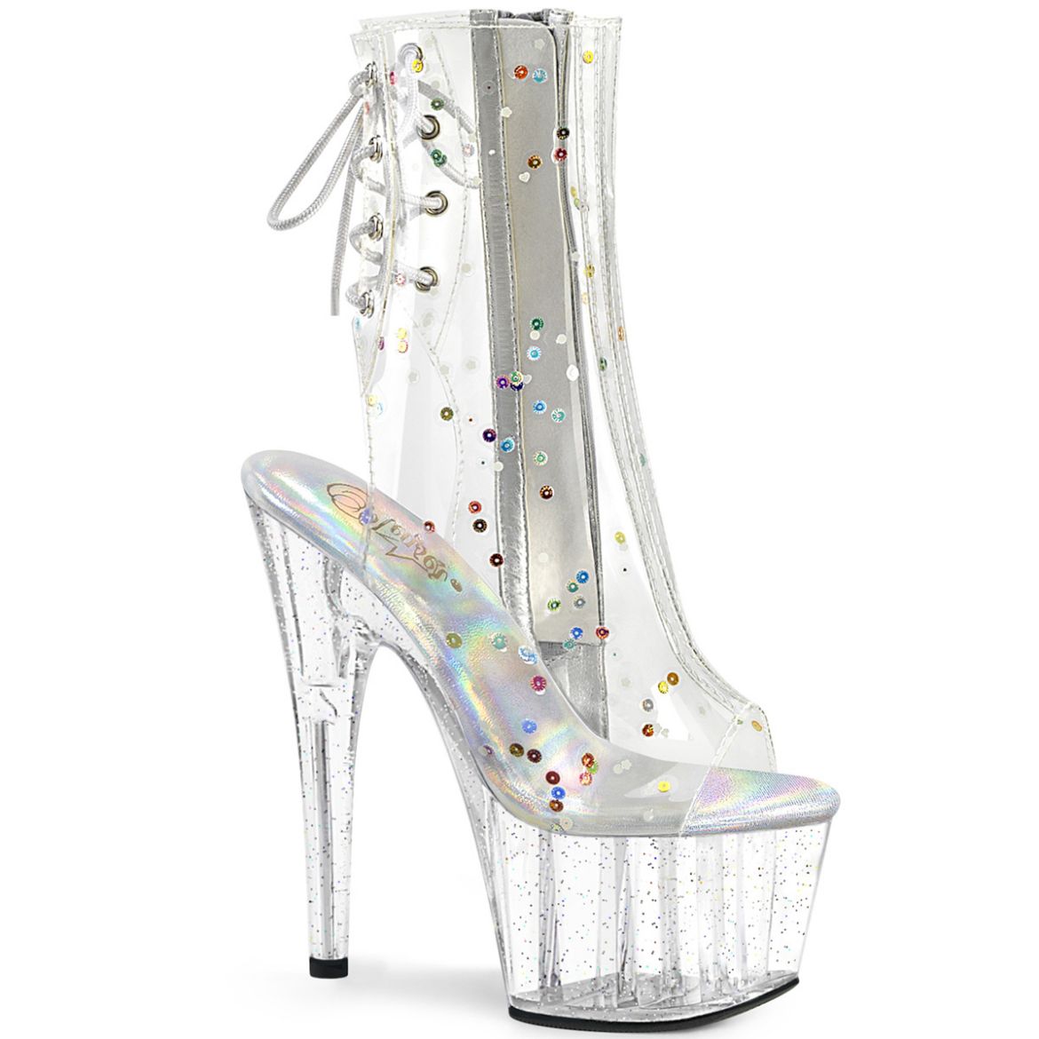 Product image of Pleaser ADORE-1018C-2 Clr TPU/Clr 7 Inch Heel 2 3/4 Inch PF Open Toe/Heel Ankle Boot Side Zip