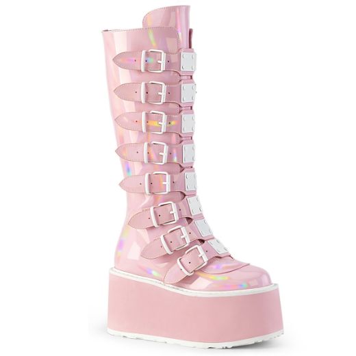 Product image of Demonia DAMNED-318 B. Pink Holo Pat 3 1/2 Inch PF KneeHigh Bootw/8 BuckleStraps Back Metal Zip