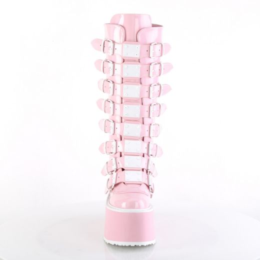 Product image of Demonia DAMNED-318 B. Pink Holo Pat 3 1/2 Inch PF KneeHigh Bootw/8 BuckleStraps Back Metal Zip