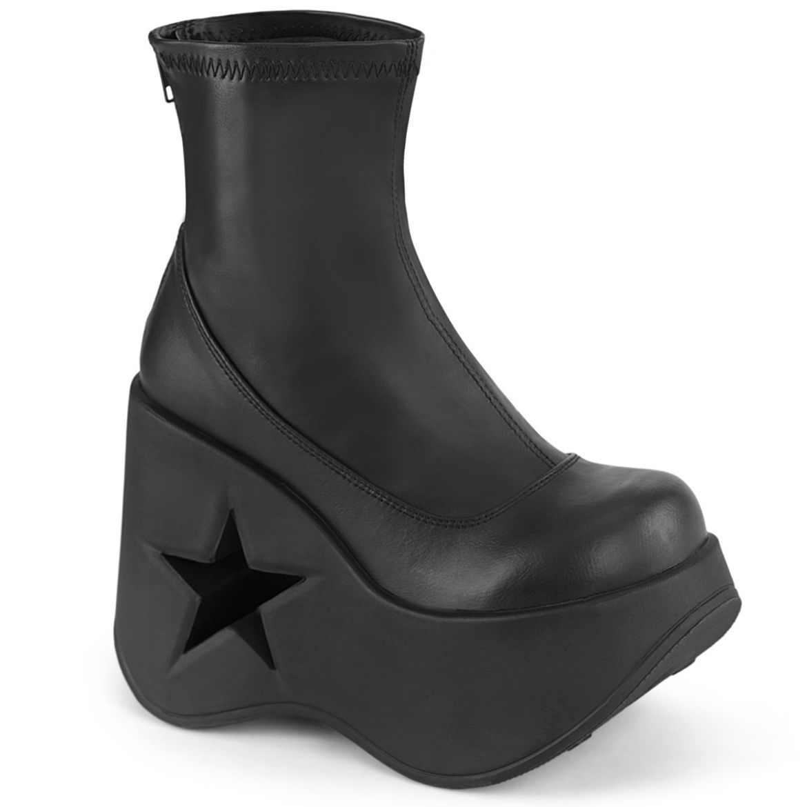 Product image of Demonia DYNAMITE-100 Blk Str Vegan Leather 5 Inch Star Cutout Platform Wedge Ankle Boot Back Zip