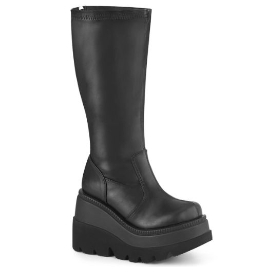 Product image of Demonia SHAKER-65WC Blk Str Vegan Leather 4 1/2 Inch Wedge PF STR Wide Calf Knee High Boot Back Zip