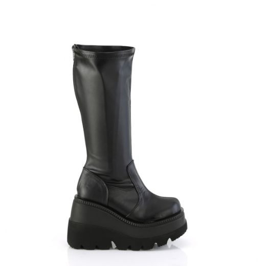 Product image of Demonia SHAKER-65WC Blk Str Vegan Leather 4 1/2 Inch Wedge PF STR Wide Calf Knee High Boot Back Zip