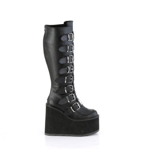 Product image of Demonia SWING-815WC Blk Vegan Leather 5 1/2 Inch PF Wide Calf Knee Boot w/ Buckle Straps Back Zip