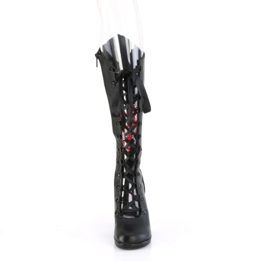 Product image of Demonia GLAM-243 Blk Vegan Leather- Red Satin 3 3/4 Inch Heel 1/2 Inch PF Lace-Up Knee High Boot Inside Zip