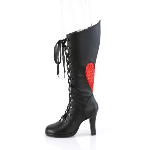 Product image of Demonia GLAM-243 Blk Vegan Leather- Red Satin 3 3/4 Inch Heel 1/2 Inch PF Lace-Up Knee High Boot Inside Zip