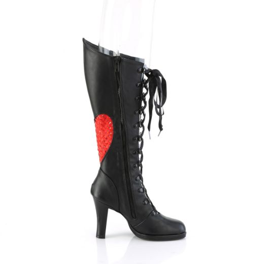 Product image of Demonia GLAM-243 Blk Vegan Leather- Red Satin 3 3/4 Inch Heel 1/2 Inch PF Lace-Up Knee High Boot Inside Zip