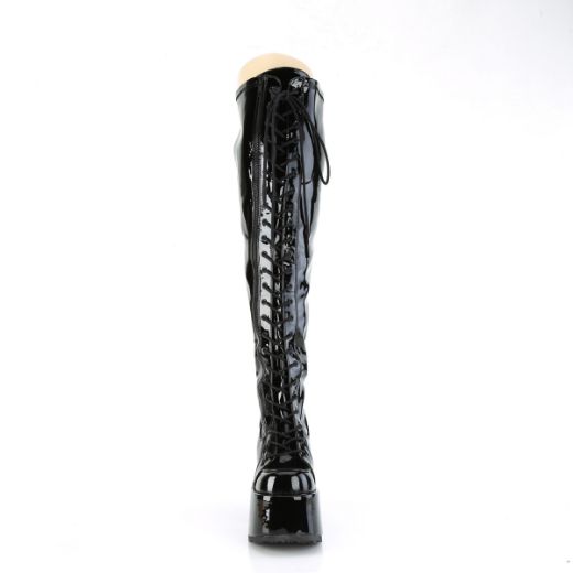 Product image of Demonia CAMEL-300WC Blk Str Pat 5 Inch Chunky Heel 3 Inch PF Wide Calf Thigh-High BootOutside Zip
