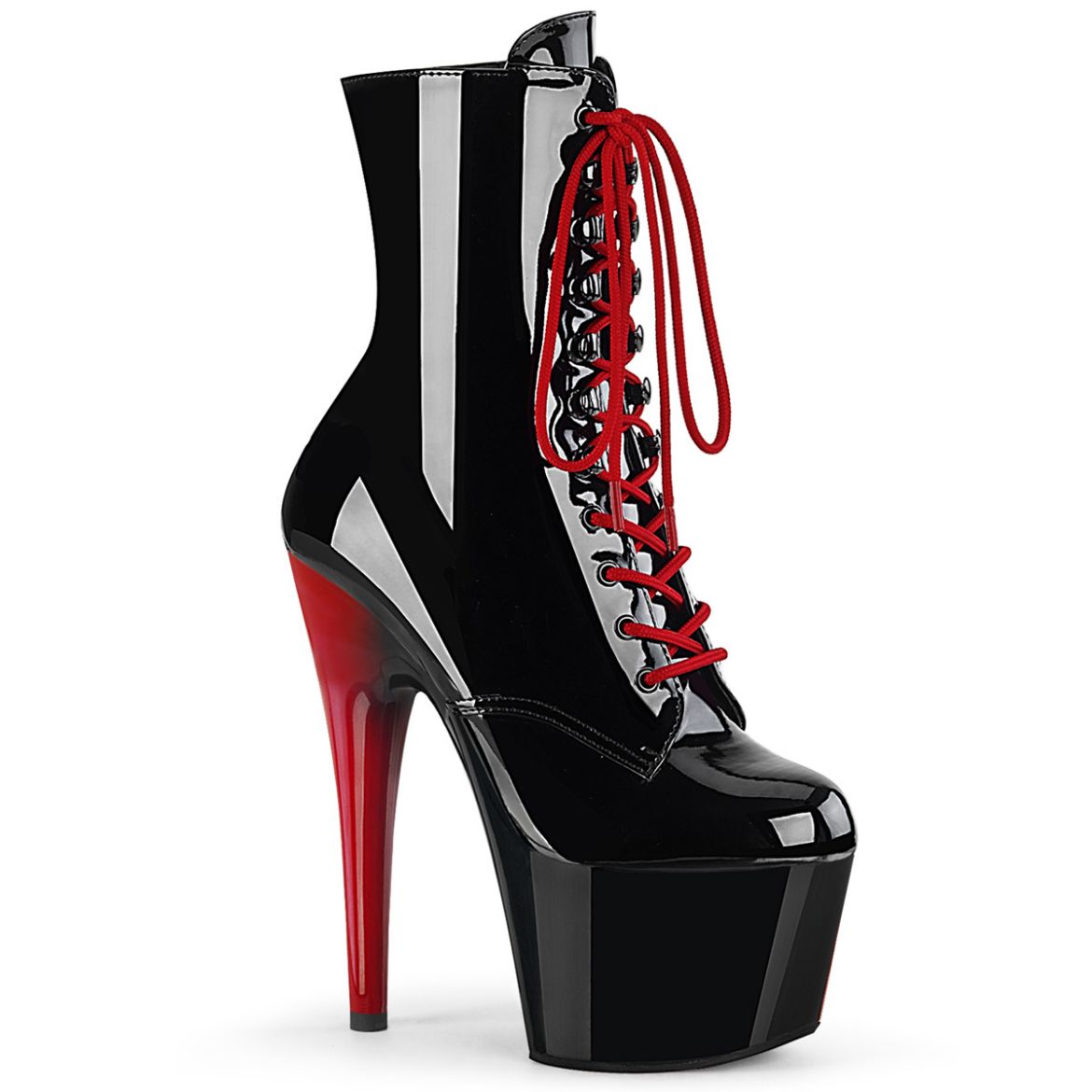 Product image of Pleaser ADORE-1020 Blk Pat/Blk-Red 7 Inch Heel 2 3/4 Inch PF Two Tone Lace-Up Ankle Boot Side ZIp