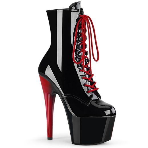 Product image of Pleaser ADORE-1020 Blk Pat/Blk-Red 7 Inch Heel 2 3/4 Inch PF Two Tone Lace-Up Ankle Boot Side ZIp