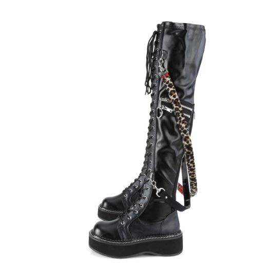 Product image of Demonia Emily-377 Black Stretch Vegan Leather, 2 inch Platform Thigh High Boot