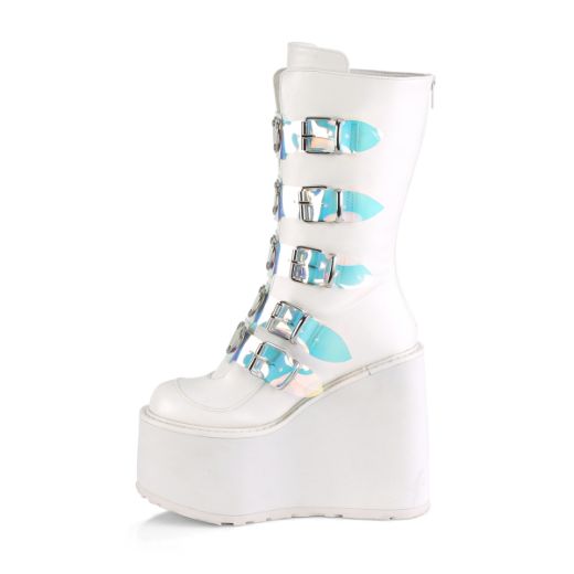 Product image of Demonia SWING-230 White Vegan Faux Leather 5 1/2 inch Platform Mid-Calf Boot With  5 Buckles Straps Back Metal Zip