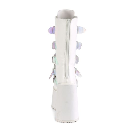 Product image of Demonia SWING-230 White Vegan Faux Leather 5 1/2 inch Platform Mid-Calf Boot With  5 Buckles Straps Back Metal Zip
